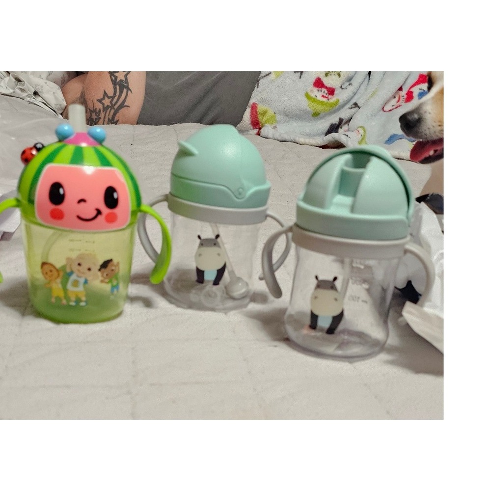 Cocomelon and Hippo Weighted Straw Sippy Cup Lot of 3 Green Blue Toddler Cups